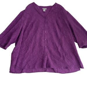 Maggie Barnes X Catherines Blouse Shirt Women Sz 3X Purple Textured 3/4 Sleeve